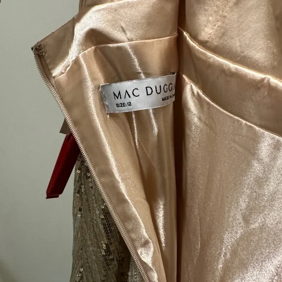 Mac Duggal Silver Metallic Plunge Neck Sequined Gown